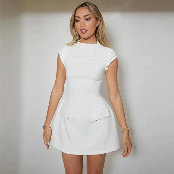 Elegant Slim Solid Pockets Mini Dress