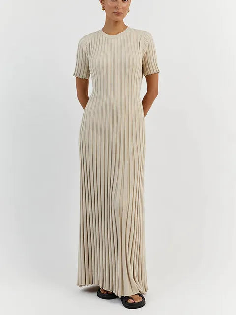 Solid Ribbed Knitted Elegant Maxi Dress -  O-neck