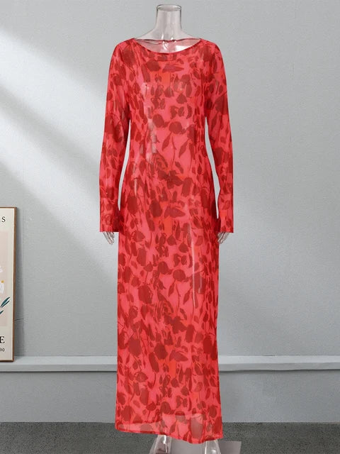 Elegant Floral Print Flare Sleeve Chiffon Maxi Dress