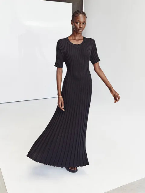 Solid Ribbed Knitted Elegant Maxi Dress -  O-neck
