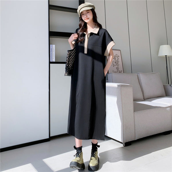 AP 25AW Women Satin Collar Patchwork Modal Dress Lady Maxi Loose Clothing Batwing Sleeve Soft Modal Cuff