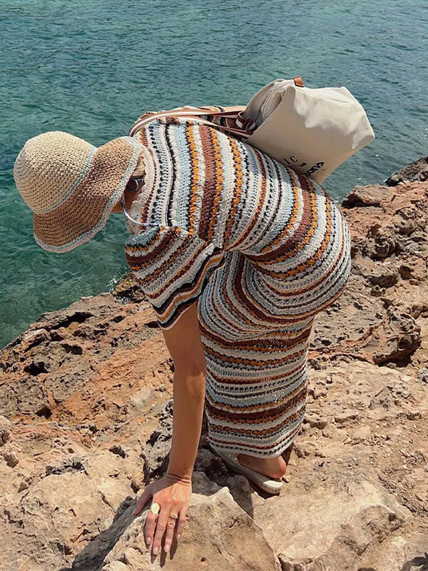 U-neck Striped Crochet Short Knitted Dress